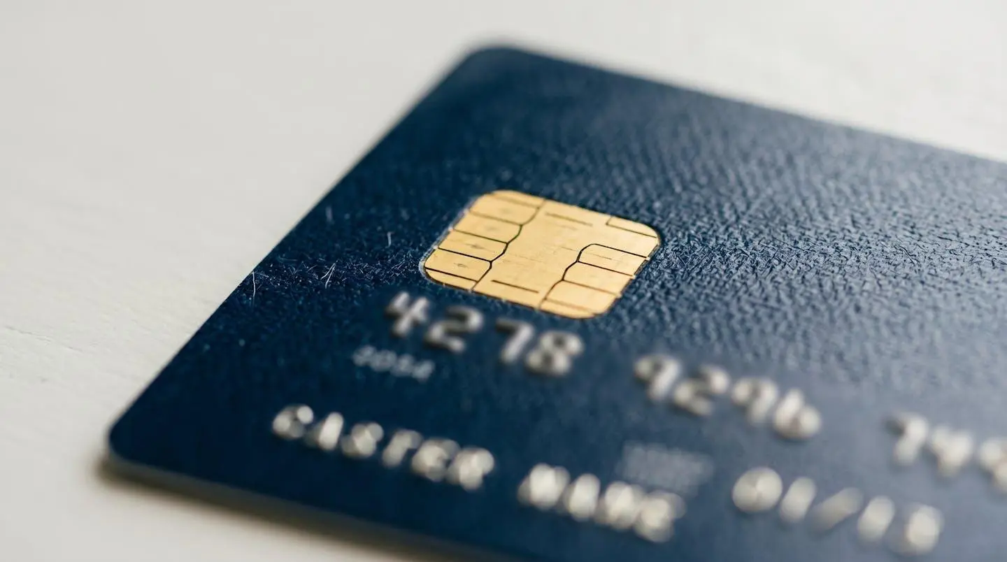 Puce dorée d'une carte bancaire Visa posée sur la couverture d'un passeport européen avec arrière-plan flouté