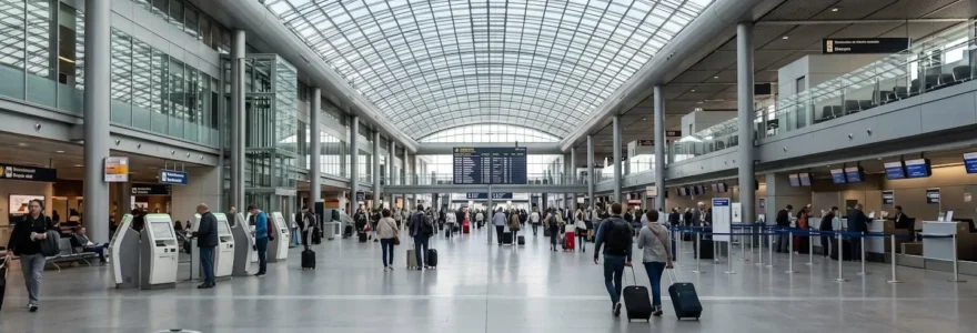 Terminal d'aéroport européen contemporain avec grande verrière laissant passer la lumière naturelle et voyageurs en arrière-plan