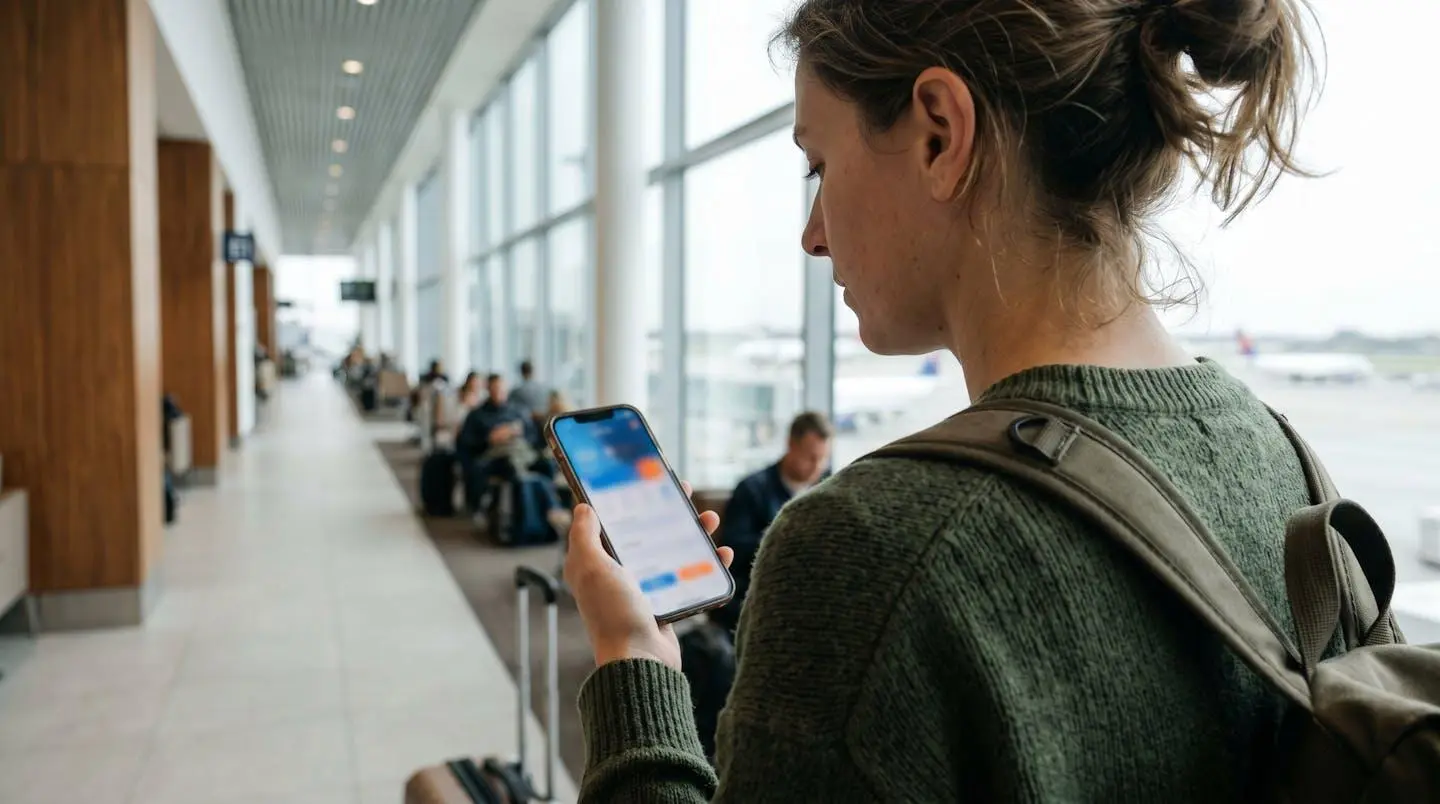 Voyageur de profil consultant une application bancaire sur son smartphone dans un aéroport moderne avec lumière naturelle en arrière-plan