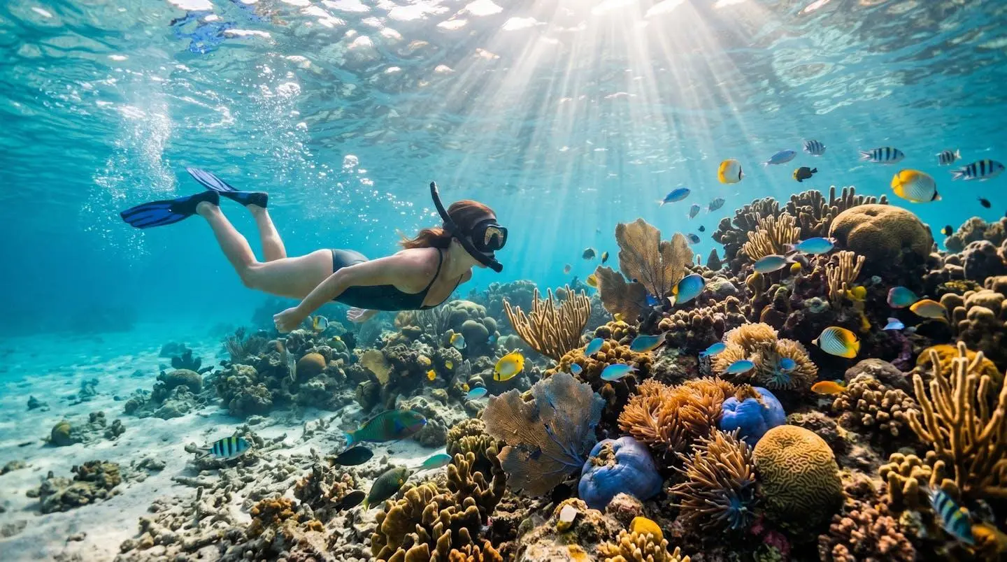 Plongeur en apnée observant des coraux colorés et des poissons tropicaux dans les eaux cristallines de l'Anse des Cayes à Saint-Barthélémy
