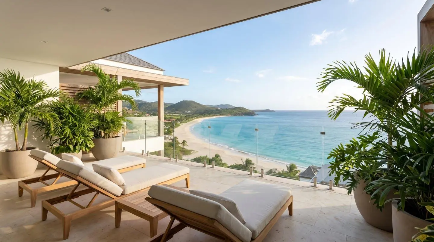Terrasse privée d'appartement en résidence à Saint-Barthélémy avec transats contemporains et vue panoramique sur l'Anse des Flamands et la mer des Caraïbes