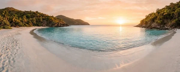 Vue panoramique de la plage de l'Anse des Flamands à Saint-Barthélémy au lever du soleil, avec sable blanc, eaux turquoise calmes et végétation tropicale préservée sur les collines