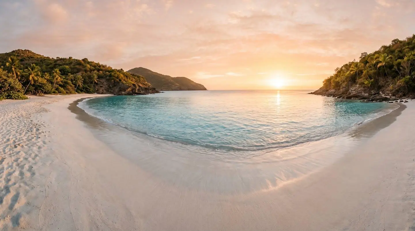 Vue panoramique de la plage de l'Anse des Flamands à Saint-Barthélémy au lever du soleil, avec sable blanc, eaux turquoise calmes et végétation tropicale préservée sur les collines