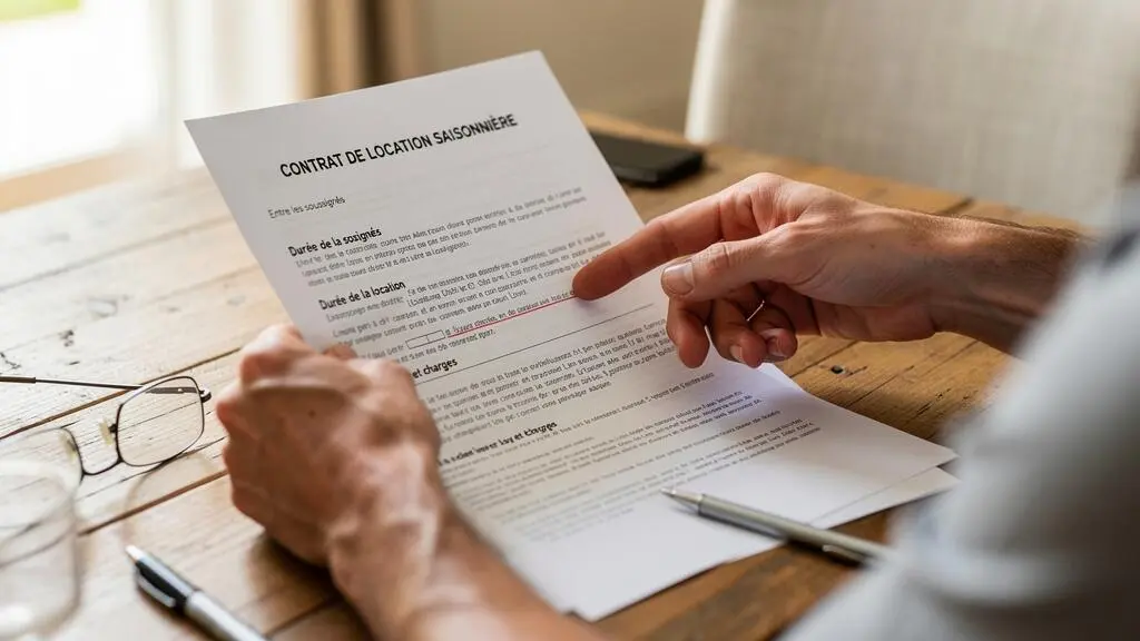 Deux mains relisent attentivement un contrat de location vacances posé sur une table en bois, le doigt pointant une clause du document.