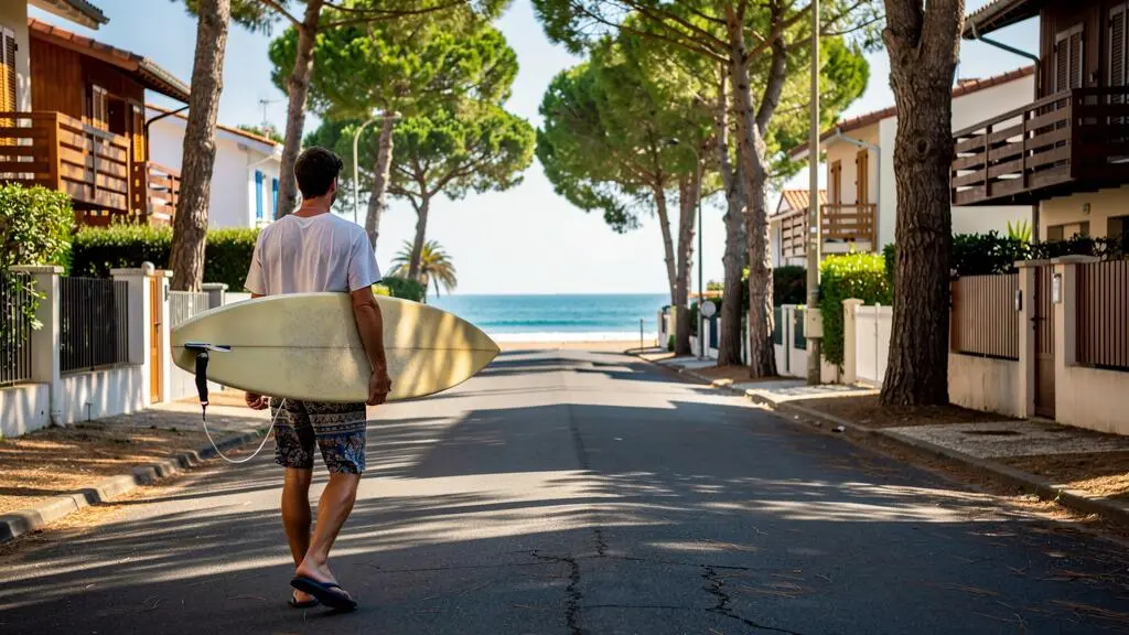 Un surfeur portant sa planche marche dans une rue résidentielle de Hossegor en direction de l'océan, entre les villas et les pins.